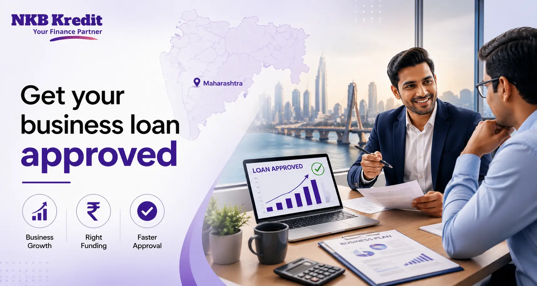 Business loan approval in Maharashtra with financial consultation, growth chart, and NKB Kredit branding