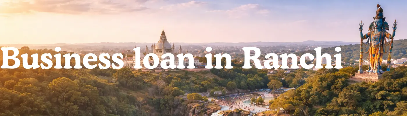 Business loan in Ranchi 1 Business loan in Ranchi banner with waterfall, temple, and large Shiva statue landscape