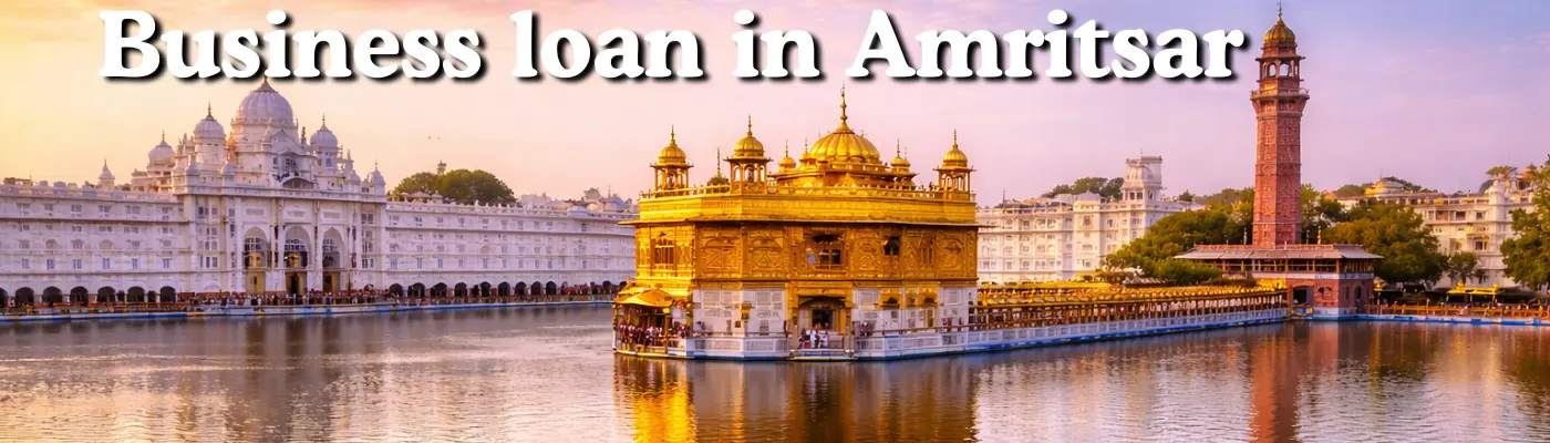 Business loan in Amritsar banner with Golden Temple and Amrit Sarovar lake