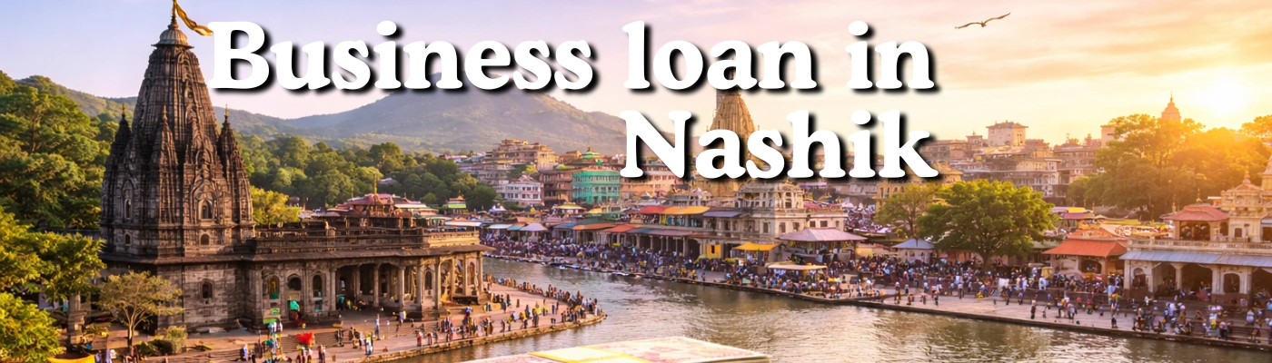 A business loan in Nashik concept showing Godavari river ghats with Kalaram Temple in the background and Indian currency notes and coins representing financial growth